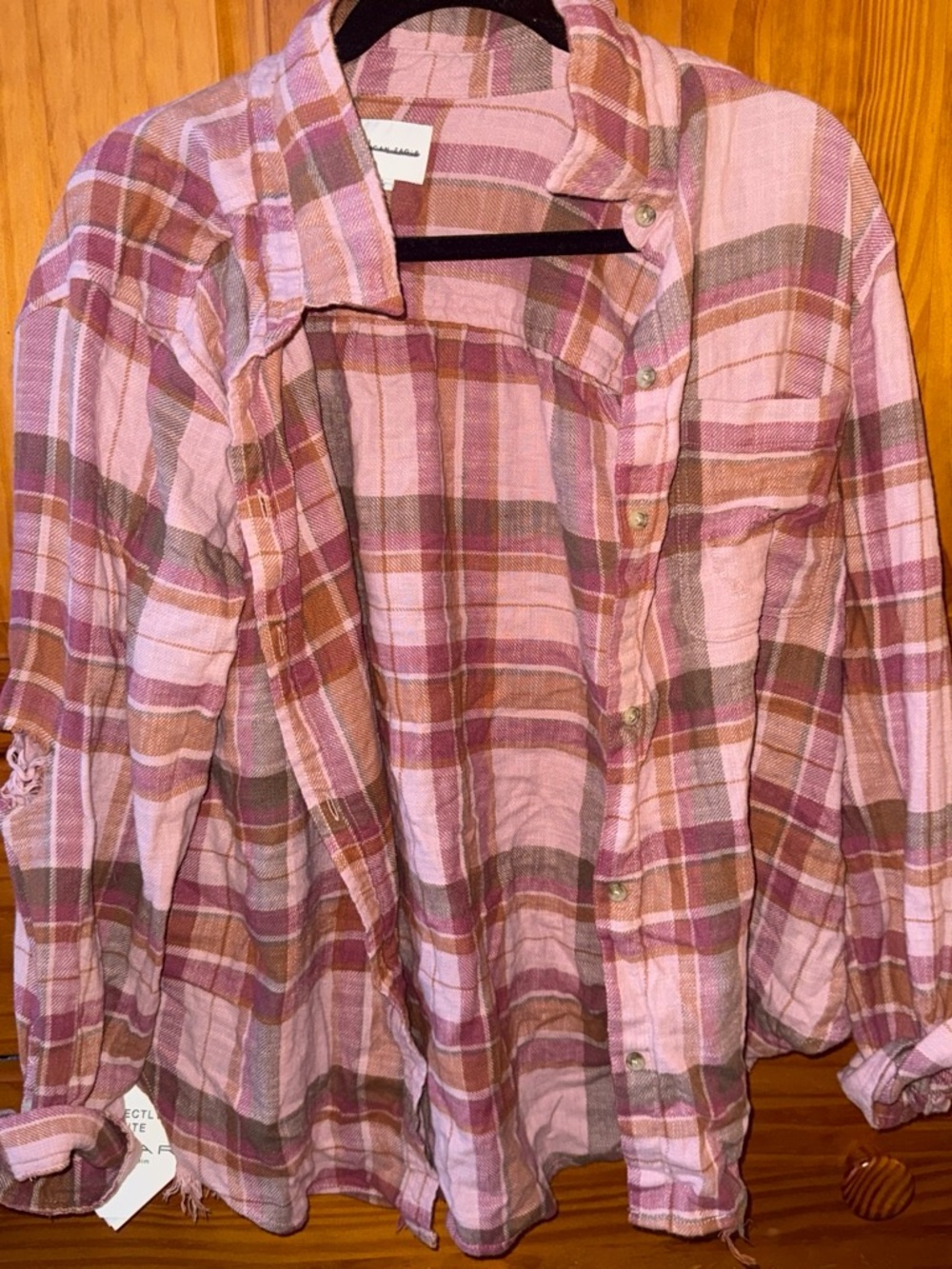 American Eagle Outfitters Pink and Brown Plaid Button-Down Shirt